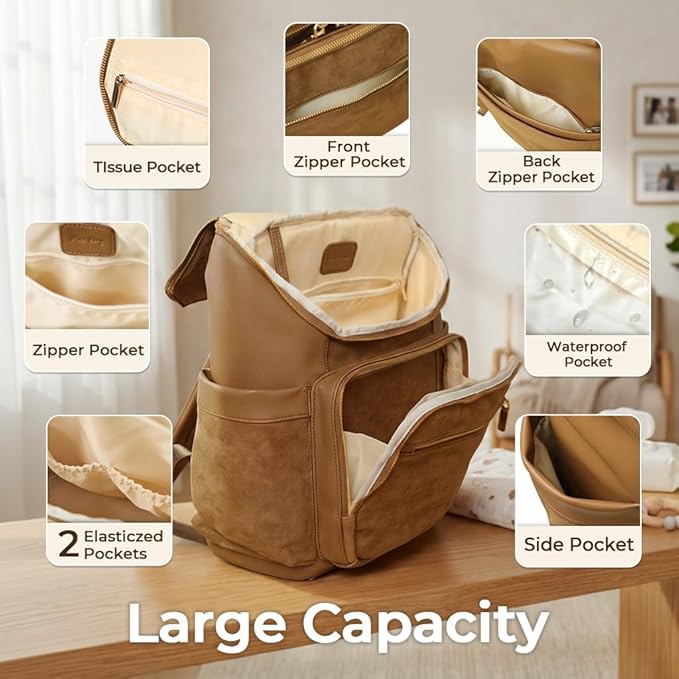 miss fong Diaper Bag Backpack Suede Baby Backpack with Changing Pad | 14Pockets Convertible Mommy Diaper Backpack for Mom Waterproof Wet Pocket,Insulated Pockets,Stroller Straps Luggage Sleeve - Image 5