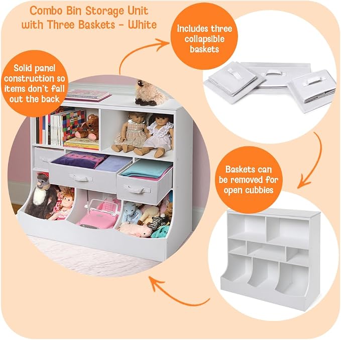 Badger Basket Combo Toy Storage Organizer and Bookshelf - Kids Storage Unit with 3 Removable Baskets, Open Shelves, Top Display Surface - White - Image 2