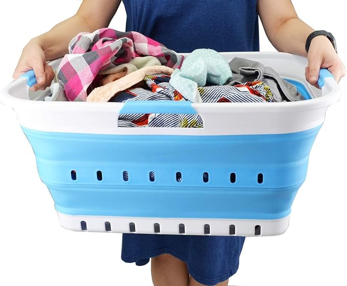 SAMMART 42L (11 gallon) Collapsible Plastic Laundry Basket - Foldable Pop Up Storage Container/Organizer - Portable Basket - Space Saving Hamper/Basket (2, White/Marine Blue) - Image 7