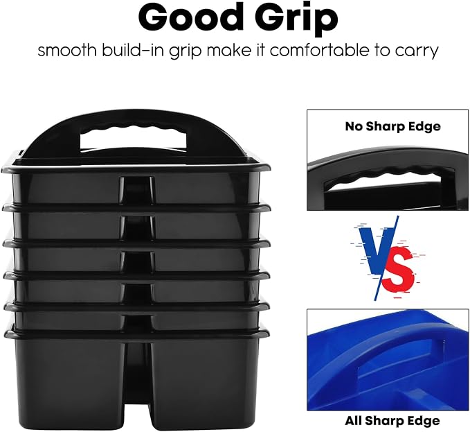 ALINK Plastic Classroom Caddy Organizer with Handle, 6-Pack 3 Compartments, Teacher Supply Storage Caddy for Classroom Organization, Table, Desk, Office, Craft Art for Kids - Black - Image 4