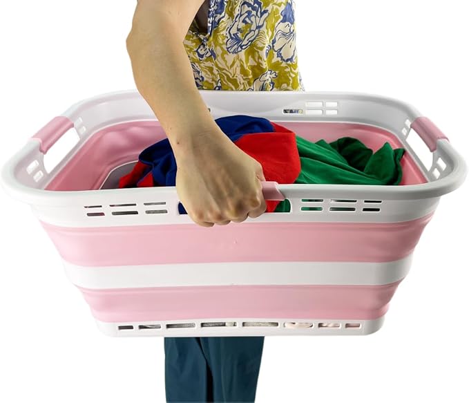 SAMMART Set of 2 Collapsible Plastic Storage Basket - Foldable Pop Up Storage Container - Portable Laundry Organizer - Space Saving Hamper (White/Cherry Pink, 42L (Style A)) - Image 7