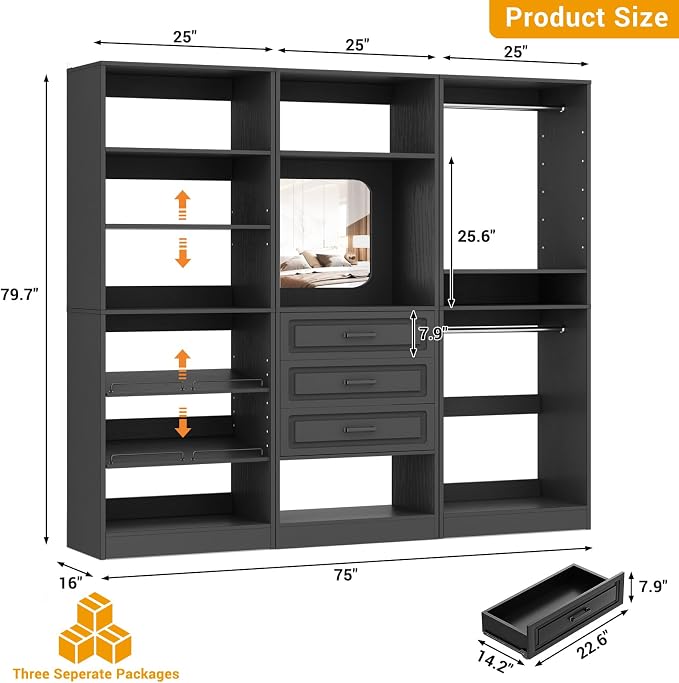 Unikito 75" Modular Closet System with 3 Sets, Mirror & Drawers, Black | Hanging Rods & Adjustable Shelves, Freestanding Wood Wardrobe Garment Rack, Walk in Tower Clothes Storage Organizer Unit - Image 7