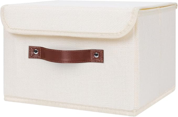 ANMINY Fabric Storage Box Bins with Lids, Beige, 13"x9"x7.9" | Keepsake Memory Storage, Cotton Linen, PP Board Reinforced, Washable, PU Handles, Foldable & Stackable, Decorative, Medium by ANMINY