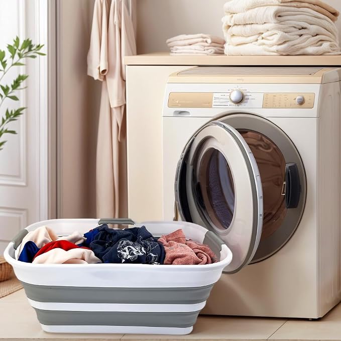 SAMMART 21L (5.5 Galloons) Collapsible Plastic Storge Basket - Foldable Pop Up Storage Container/Organizer - Portable Washing Tub - Space Saving Hamper/Basket (White/Grey) - Image 2