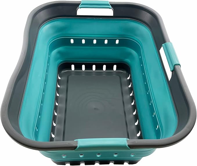 SAMMART 42L (11 gallon) Collapsible Plastic Laundry Basket - Foldable Pop Up Storage Container/Organizer - Space Saving Hamper/Basket (Grey/Crystal Blue) by SAMMART