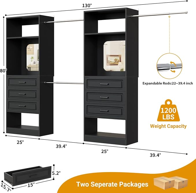 Unikito 6-14FT Wood Closet System with 6 Drawers and Mirror, Black | Sturdy walk-in organizer wardrobe for clothing, clothes rack with 3 hanging rods, freestanding garment storage tower. - Image 7
