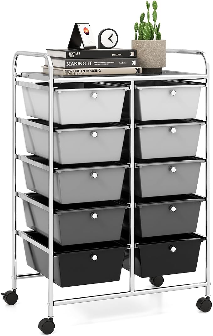 10 Drawer Rolling Cart, Storage Cart Organizer on Wheels, Drawer Cart with Metal Frame & Large Storage Capacity, Rolling Cart with Drawers for Living Room Classroom, Office by LDAILY