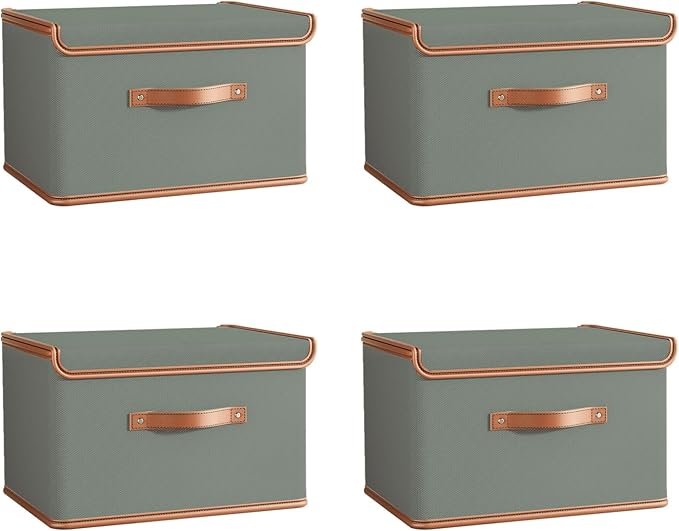 Tuza 4 Pack Storage Bins with Lids, Collapsible Closet Organizer Container, Fabric Organizer Box with Handles, Decorative Storage Boxes with Lids for Organizing Clothes, Blanket, Grey, Large by LOVEWHEREYOULIVE
