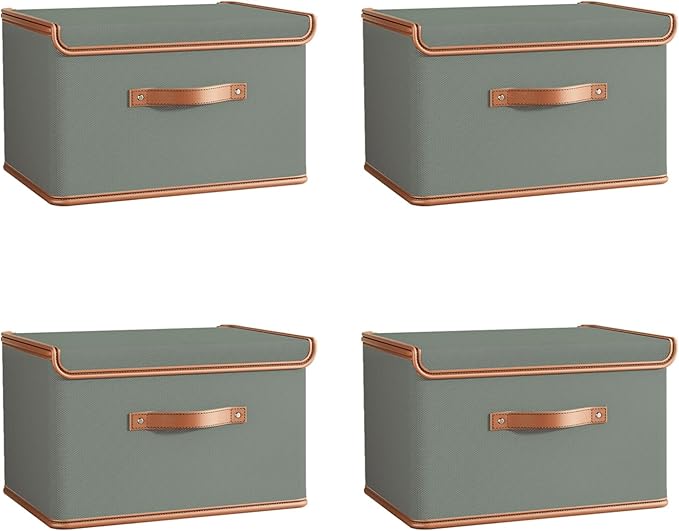 Tuza 4 Pack Storage Bins with Lids, Collapsible Closet Organizer Container, Fabric Organizer Box with Handles, Decorative Storage Boxes with Lids for Organizing Clothes, Blanket, Grey, Medium by LOVEWHEREYOULIVE