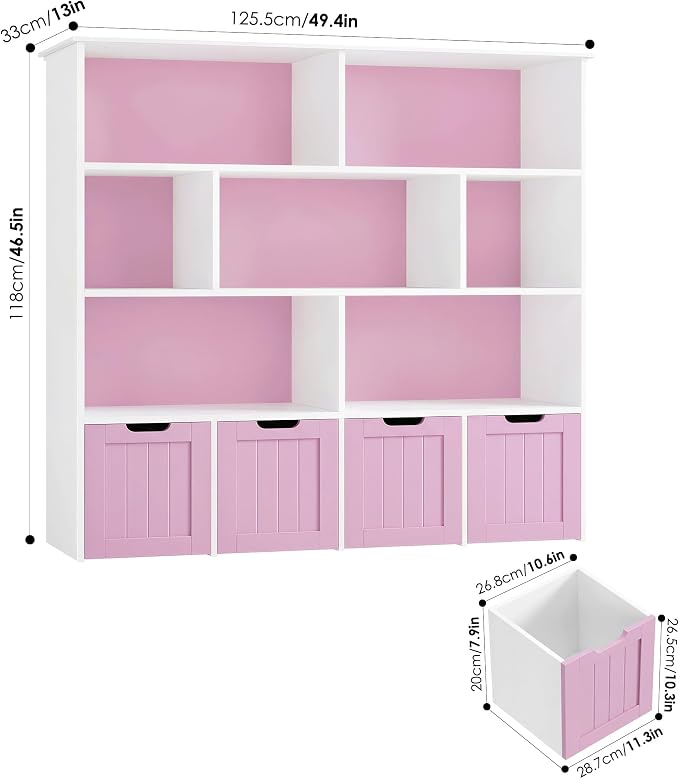 Toy Storage Organizer with Movable Drawer Toy Organizer for Kids | Kids Bookshelf and Toy Chest Storage with Hidden Wheels, Toy Organizers and Toy Storage for Playroom, Pink - Image 2