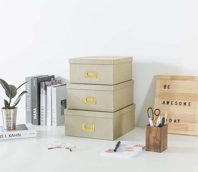Soul & Lane - Light Gray Decorative Storage Boxes with Lids, Set of 3 | Square Stacking Kraft Photo Storage with Gold Label Holders, Nesting Cardboard Memory Boxes for Home Decor and Organizing - Image 4