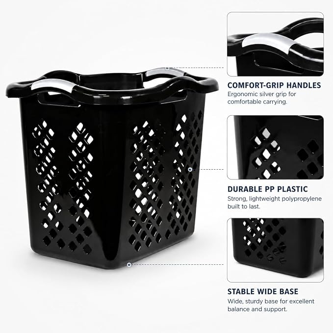 Laundry Basket 2 Bushel Plastic with Handles Black for Bedroom Dorm | 2 Bushel Laundry Basket with Wide Base – Tall sides like a hamper, wide base for stability. Diamond holes for ventilation. - Image 4