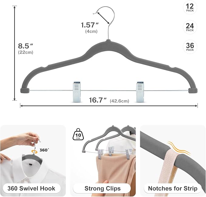 HOUSE DAY Velvet Skirt Hangers 12 Pack, Gray Velvet Pant Hangers | with Adjustable Clips, Space Saving Slim Shorts Hanger, Heavy Duty Non Slip Clip Hanger for Pants, Skirts, Shorts - Image 9