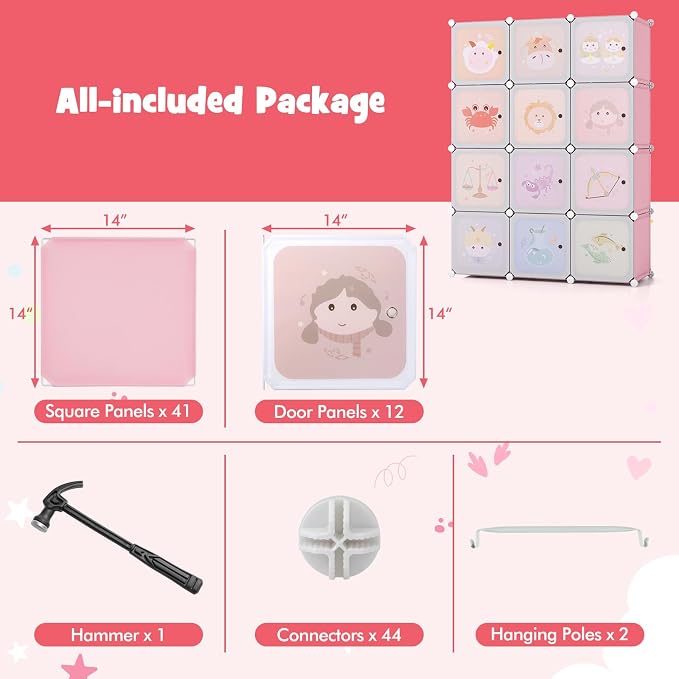 HONEY JOY Kids Wardrobe Closet, Baby Cartoon Clothes Storage Organizer, 12 Cubes & 2 Hanging Sections, Portable Children DIY Modular Bedroom Armoire Dresser Cabinet for Boys Girls (Light Pink) - Image 3
