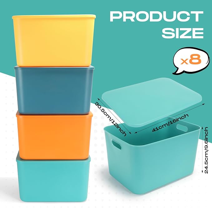8 Pack Storage Bins, 16.1 X 12.0 X 9.7 Inch Multi-colored | Plastic Stackable Containers with Lid Handle, For Shelves Desktop Playroom Office, Organizing Toys Books Supplies Storage - Image 2