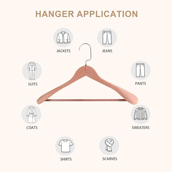 Wooden Suit Hangers with Non Slip Pants Bar, Cedar Wood, 12-Pack, 16" | Wood Extra-Wide Shoulder Hangers, Flat-Head Hook Hangers for Suits, Coats, Jackets, Shirts, Pants, and Heavy Clothes - Image 8