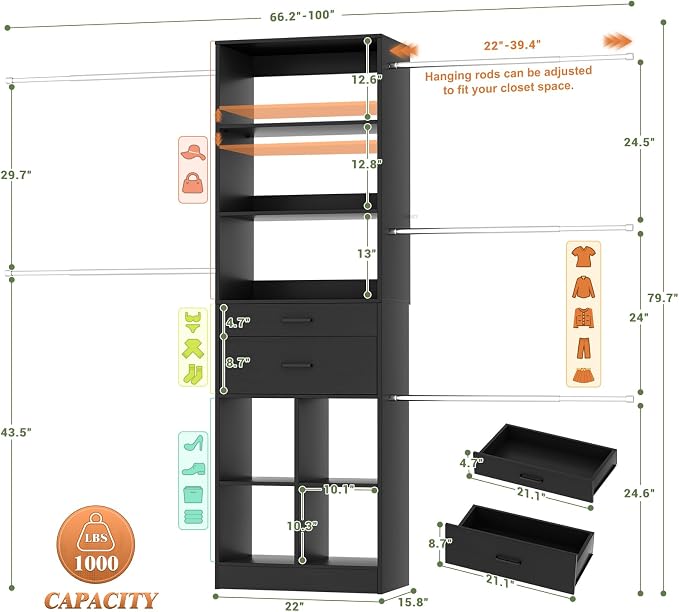 Besiost Closet System, 4-8 FT Closet Organizer Tower with 2 Wooden Drawers and Shelves, Can Fit 60 to 96 inch Walk-in Closet System with 5 Hang Rods, Built-in, Black - Image 3