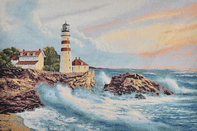 Vintage Lighthouse Woven Wall Tapestry, 41.5x28 Nautical Coastal Jacquard Wall Hanging, Sunset Ocean Landscape Fabric Art with TC Lining & Dual Rod Pockets, Scenic Beach House Decor (Oceanic Blue & Teal) by Unknown