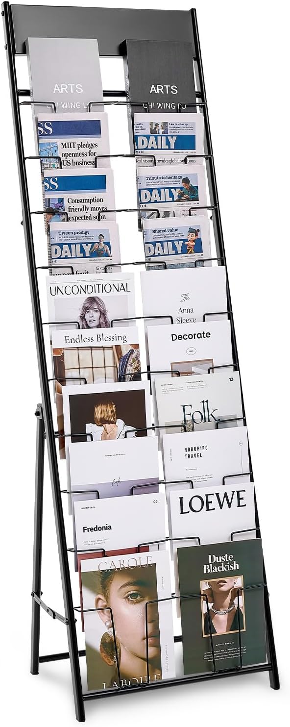 VEVOR Brochure Display Rack, 20 Pockets Magazine Literature Display Stand, Portable Floor Standing Magazine Rack, Metal Newspaper Catalog Holders for Shop, Exhibitions, Office, Trade Show, Black by VEVOR