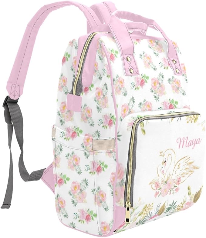 Custom Diaper Bag Personalized Floral Swan Casual Nursing Mommy Daypack with Insulated Pocket Customized Cute Diaper Bag Backpack with Name or Holiday Travel - Image 3