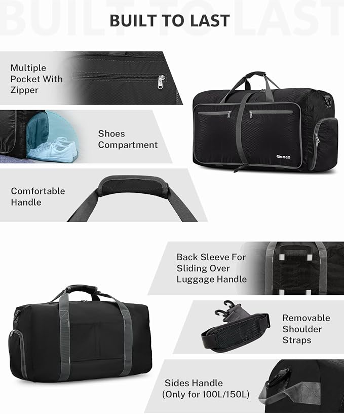 Gonex 150L Foldable Travel Duffle Bag with Shoe Compartment, Lightweight | 210D Nylon, Water-Repellent, Folds Compact, Multiple Pockets, Luggage Sleeve, Family Travel & Camping, Black - Image 4