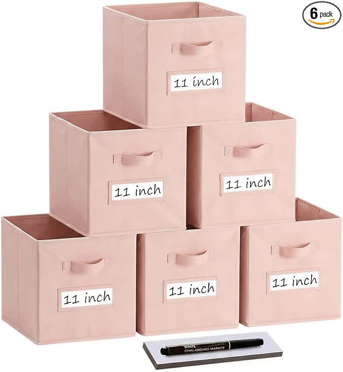 Storage Bins,11 Inch Cube Storage Bin with Labels,6pcs,Pink | Fabric Storage Cubes for Shelves,11 Inch storage cube bins with 6 Labels Window Cards & a Pen. by Anyoneer