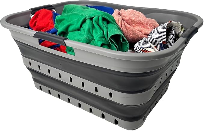 SAMMART 42 (11 Gallons) Collapsible Plastic Laundry Basket, Foldable Pop Up Storage Container/Organizer, Space Saving Hamper, Portable Bin for Dorm Room Bathroom (1, Grey/Black) by SAMMART