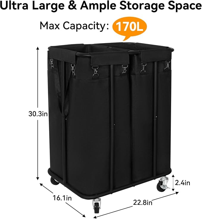 WOWLIVE Double Laundry Hamper with Wheels, 170L Rolling Laundry Basket | 2 Section Laundry Hamper, Laundry Cart with Steel Frame, Removable Bags, Large Dirty Clothes Hamper Dorm Room Storage, Black - Image 4