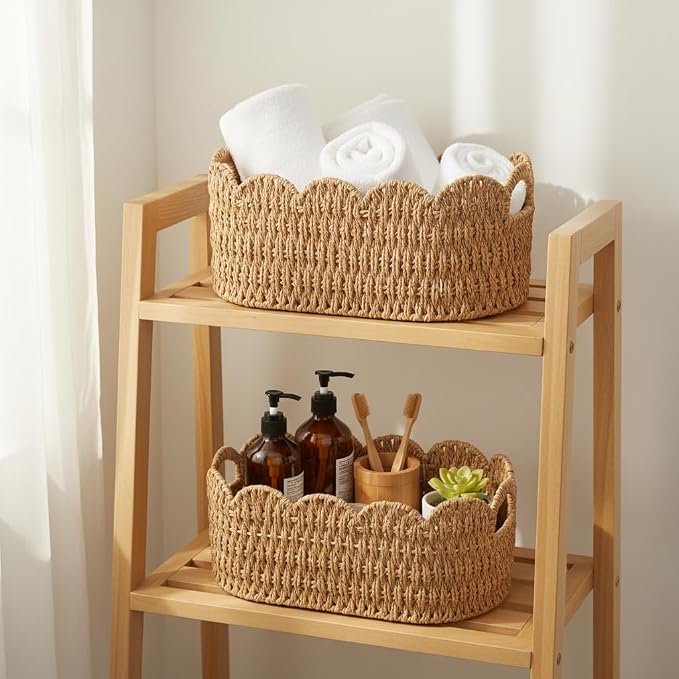Coeusy Paper Rope Scalloped Basket Set of 2, Wicker Storage Baskets for Shelves,Gifts,Books,Toys,Cute Decor Rattan Baskets for Organizing,Natural Color - Image 3
