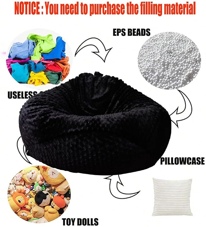 Soft Bean Bag Chair Cover No Filler Sofa Cover Storage Washable Bean Bag Cover Organizing Children Plush Toys for Living Room Bedroom (Black, 5 feet-47.3"*47.3"*31.5") - Image 3