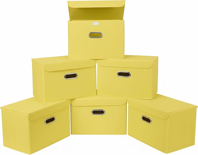 STOREONE Fabric Storage Cube Bins Foldable Organizer Container Collapsible Basket with Lids and Metal Handles, for Home, Bedroom, Closet 6 Pcs (multicolour-yellow) by STOREONE