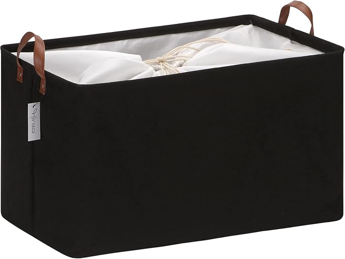 Hinwo 70L Extra Large Canvas Storage Bin with Lid and Handles | Collapsible Fabric Basket, Closet Shelf Organizer, Container for Clothing, Blankets, Toys, Bedding (Black) by Hinwo