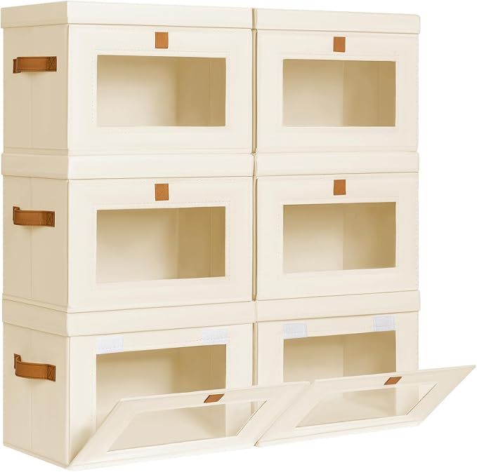 DIMJ Storage Bins with Lids - 6 Pack Front Opening Stackable Fabric Storage Boxes with Clear Window & Handles, Collapsible Closet Organizers for Clothes, Sweaters, Shelf Storage, Bedroom, Beige by DiMJ