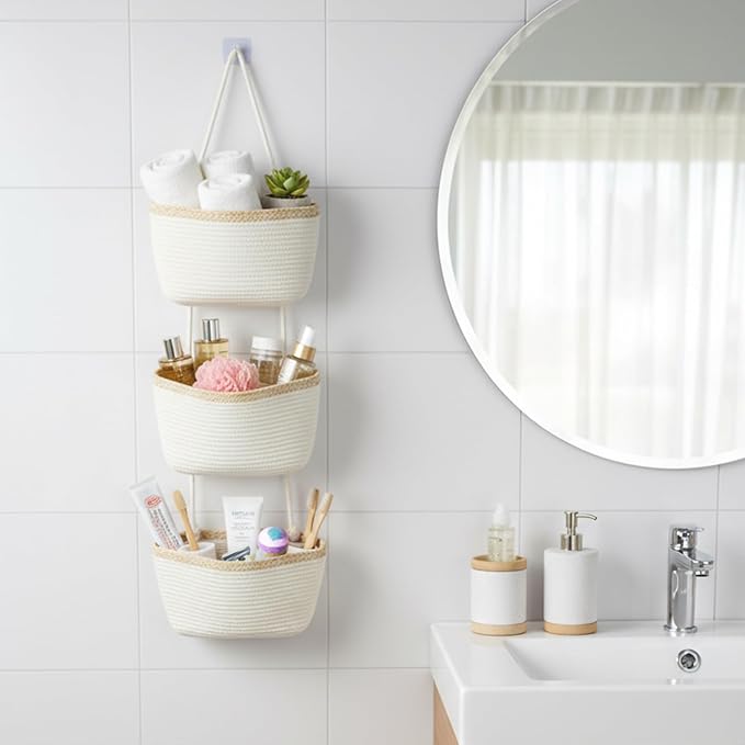 TeoKJ Over the Door Hanging Basket, 3-Tier Woven Cotton Wall-Mounted Storage Organizer Bag Decorative Hanging Nursery Baskets, White & Light Brown - Image 6