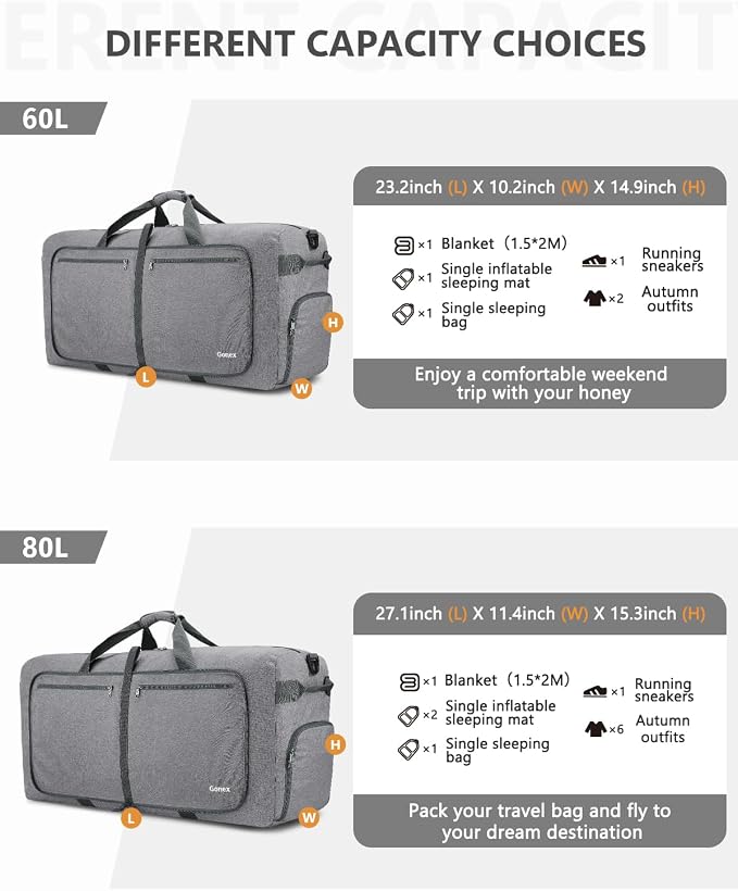 Gonex 150L Foldable Travel Duffle Bag with Shoe Compartment, Lightweight | 210D Nylon, Water-Repellent, Folds Compact, Multiple Pockets, Luggage Sleeve, Family Travel & Camping, Light Grey - Image 2
