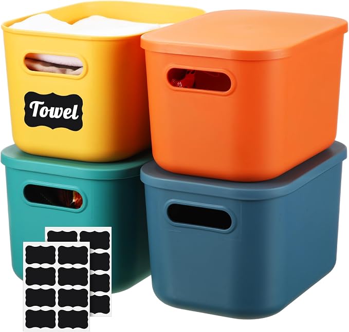 4 Pcs Plastic Storage Bins Stackable Baskets with Lid and Handle Colorful Desktop Storage Box Cubby Containers for Shelf Bedroom Office, Include 1 Erasable Marker, 16 Stickers(10 x 7 x 6 in) by Tanlade