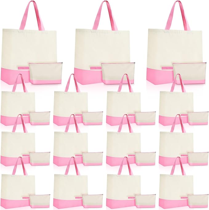 Sanwuta 30 Pcs Canvas Tote Bags Bulk with Zipper Cosmetic Pouch,Pink | 18.5" Reusable Cotton Shopping Bag with Handle for DIY Craft by Sanwuta