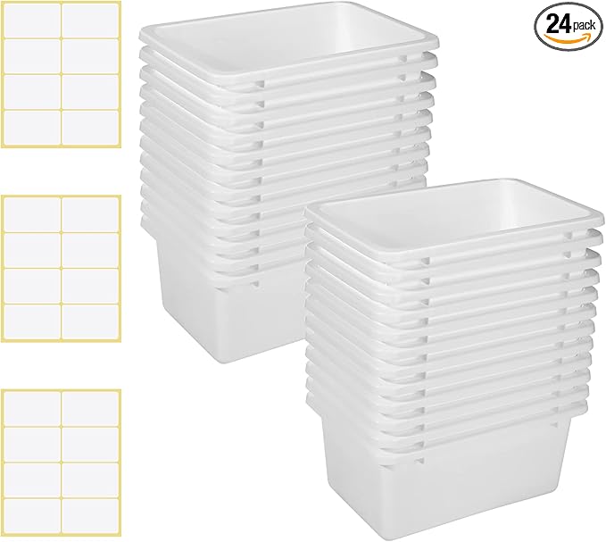 Outus 24 Pack Book Bins for Classroom Plastic Cubby Storage Bins Colored Kids Toy Organizer Container with 120 Pcs Self Adhesive Label for Student Teacher Library School Office Home(White) by Outus