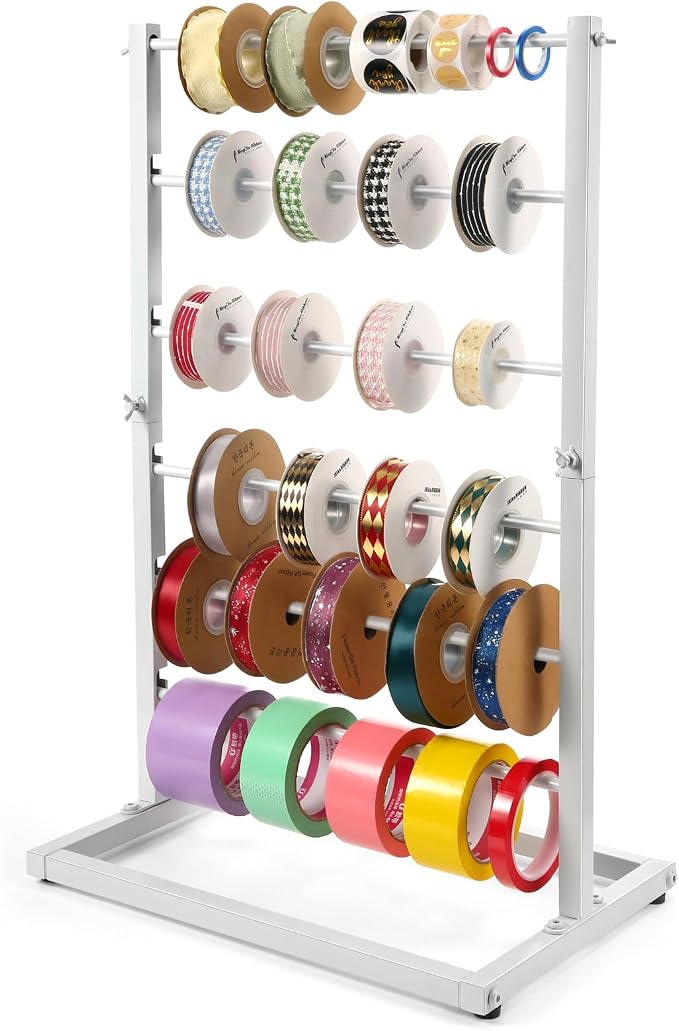 Aulin 6 Tier Large Capacity Ribbon Storage Organizer Rack(White) | Metal Ribbon Spool Holder：It comes with six standard-thickness rods and three thinner rods. by Aulin