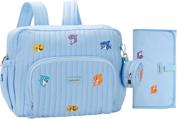 Diaper Bag Backpack with Changing Pad - Travel Baby Bag, Insulated Bottle Pockets, Stroller Straps (Medium - Blue Sharks) by GoBabyMart
