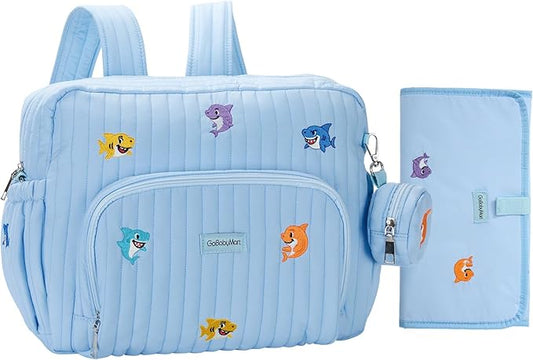 Diaper Bag Backpack with Changing Pad - Travel Baby Bag, Insulated Bottle Pockets, Stroller Straps (Medium - Blue Sharks) by GoBabyMart
