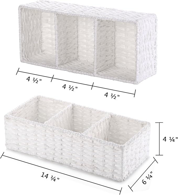3 Section Wicker Storage Basket, White Wicker Baskets for Storage, Toilet Tank Basket, Small Baskets for Organizing for Shelves, 2-Pack - Image 2