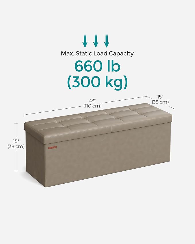 SONGMICS MAZIE Collection - 43 Inches Storage Ottoman Bench with Flipping Lid, Storage Chest with Iron Frame Support, Load 660 lb, for Living Room, Bedroom, Synthetic Leather, Camel Brown ULSF075K03 - Image 3