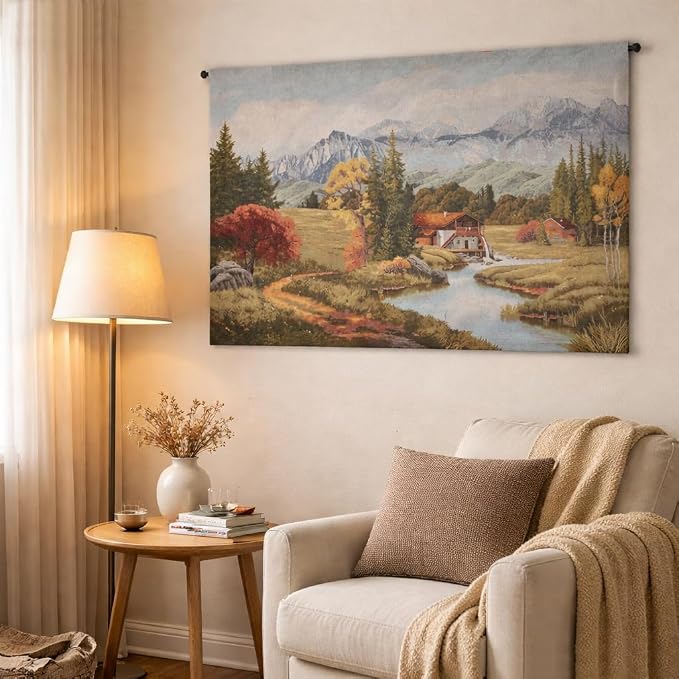 Vintage Mountain Landscape Woven Wall Tapestry, 41.5”x28“ Alpine Nature Scene Jacquard Wall Hanging, Forest & Stream Fine Art Fabric with TC Lining & Dual Rod Pockets, Rustic Cabin Home Decor (Autumn Rust & Crimson) - Image 2