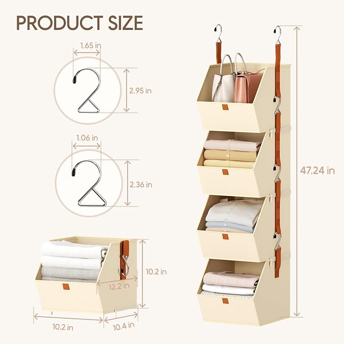 Hanging Closet Organizer 4 Tier - Clothes Hanging Shelves, Space-Saving Closet System, Fabric Storage Bins Bedroom Organization, Collapsible Baskets for Home, Dorm, Rv, Beige, 8 Pack - Image 7