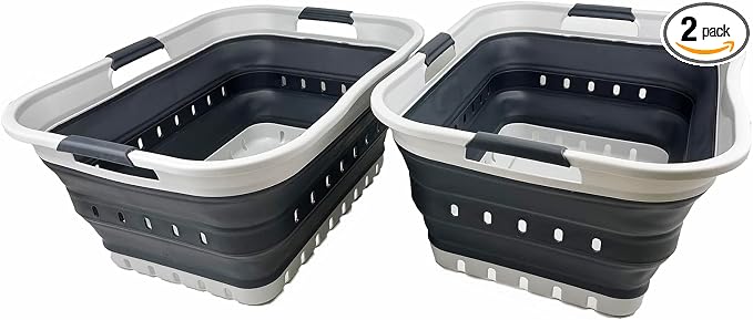SAMMART 42L (11 gallon) Collapsible Plastic Laundry Basket - Foldable Pop Up Storage Container/Organizer - Portable Basket - Space Saving Hamper/Basket (Grey/Charcoal Black (Set of 2)) by SAMMART