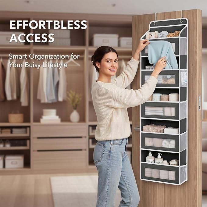 SakerPlus Five Tier Over The Door Organizer, Hanging Door Storage Organizer with Clear Windows and Side Pockets, Behind Door Storage for Bedroom Bathroom Pantry Nursery Closet (Grey) - Image 5