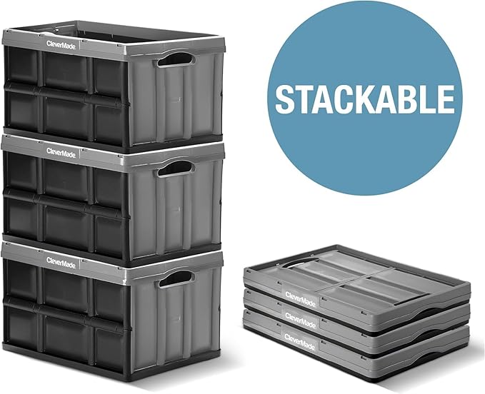 CleverMade Collapsible Storage Bins, 46L, 3 Pack Foldable Storage, Ocean | Carry Groceries, Tools, and Gear Without Bulky Totes | Each Bin Holds 75 lb, Stacks Securely, and Folds to 2.75 Inches - Image 6