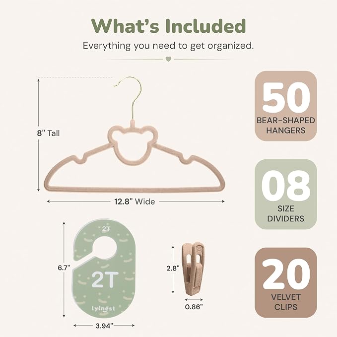 Velvet Baby Hangers with Clips & Size Dividers, 50 Pack | Organize baby clothes from newborn to 2T with 8 size dividers and 20 clips for outfits, pants, and growing wardrobes - Image 5
