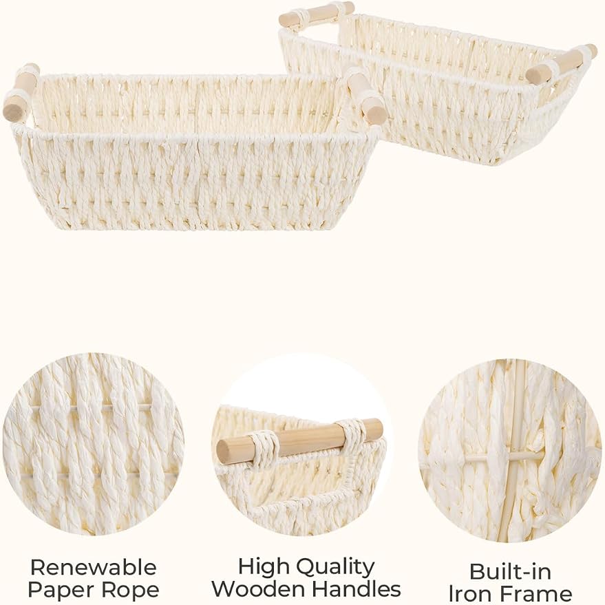 StorageWorks Small Storage Basket, Woven Basket for Shelves, Beige | Wicker Storage Baskets for Shelves, Baskets with Wooden Handles, 2-Pack Gifts Basket for Home Decor, Hand-Woven Basket - Image 3